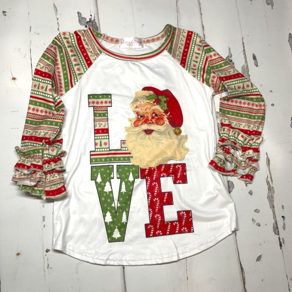 Christmas Santa ruffle sleeve Santa  Love top clover cottage